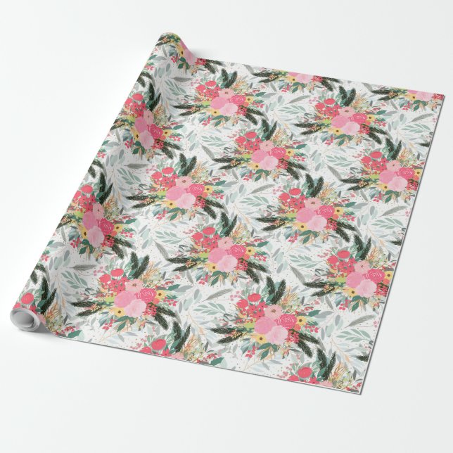 Elegante White Winter Floral & Gold Glitzer Punkte Geschenkpapier (Ungerollt)
