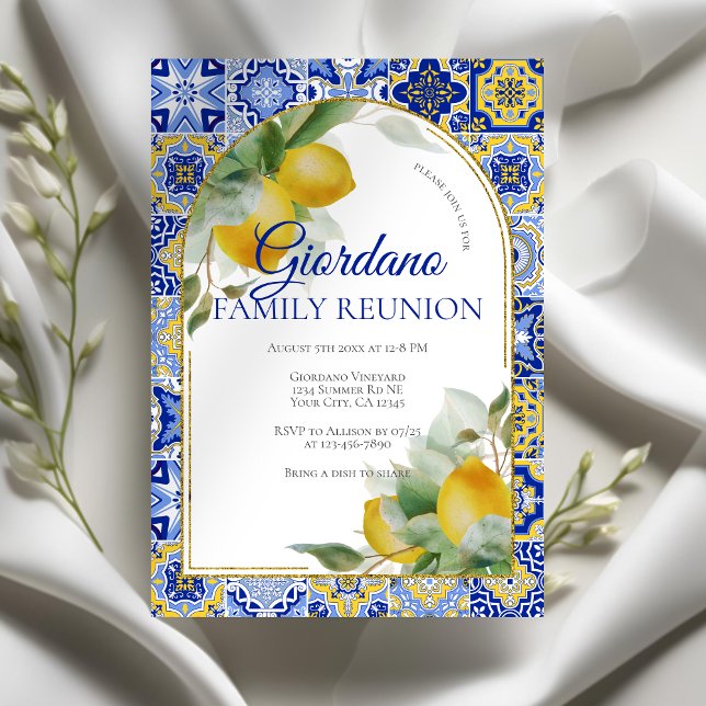 Elegante Wiedersehen der Blue Tiles Lemons-Familie Einladung (Von Creator hochgeladen)