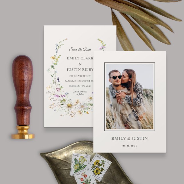 Elegante Wildblume Beige Foto Save the Date Einladung (Von Creator hochgeladen)