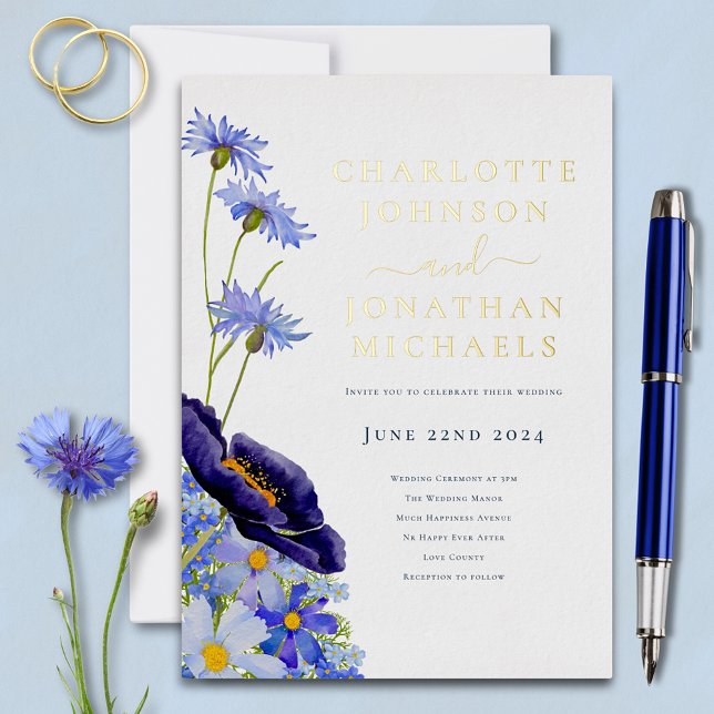 Elegante Wildblume Blau und Gold Folieneinladung (Modern wildflower blue floral gold foil typography wedding invitation )