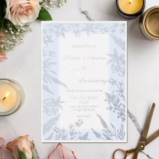 Elegante Wildblume Blau und Silberner Jahrestag Folieneinladung