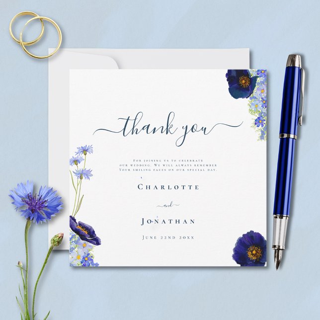 Elegante Wildblume Blue Vielen Dank Dankeskarte (Elegant wildflower summer floral blue watercolor wedding thank you card stylish typography script )