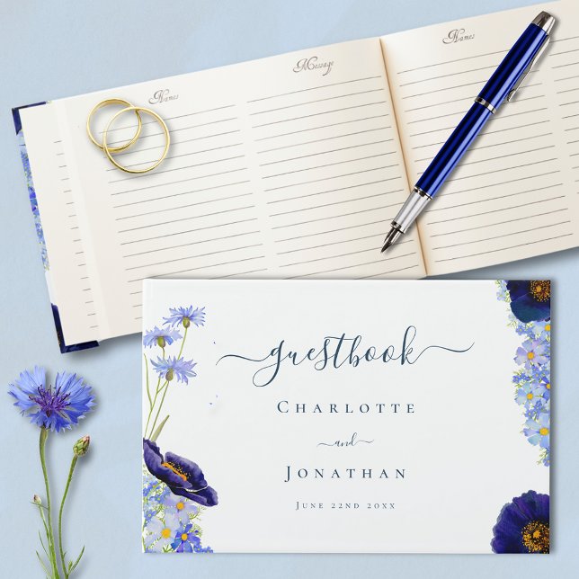 Elegante Wildblume Blue Wedding Guest Gästebuch (Elegant blue summer floral watercolor wildflowers stylish typography script wedding guest book)