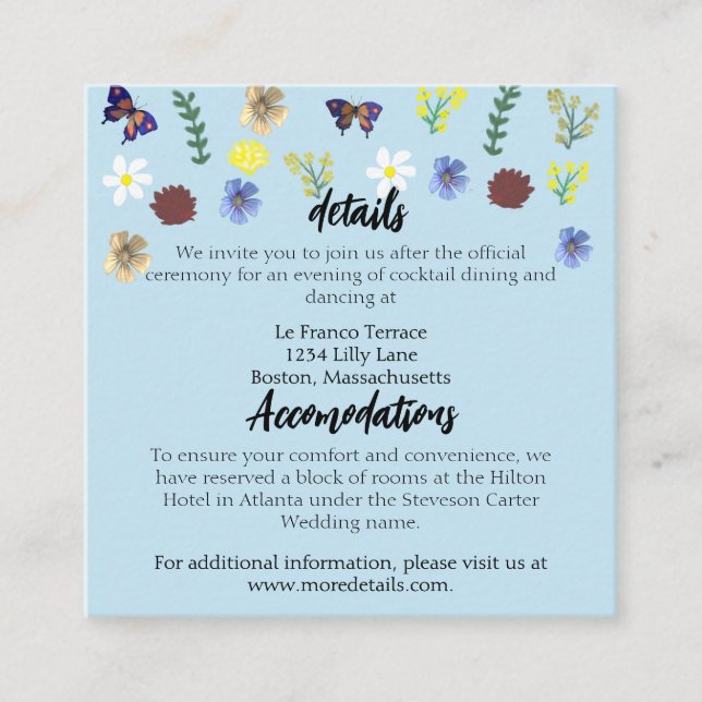 Elegante Wildblume Boho Blue Wedding Begleitkarte (Vorderseite)