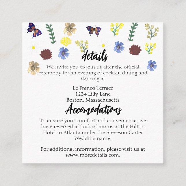 Elegante Wildblume Boho Blue Wedding Begleitkarte (Vorderseite)