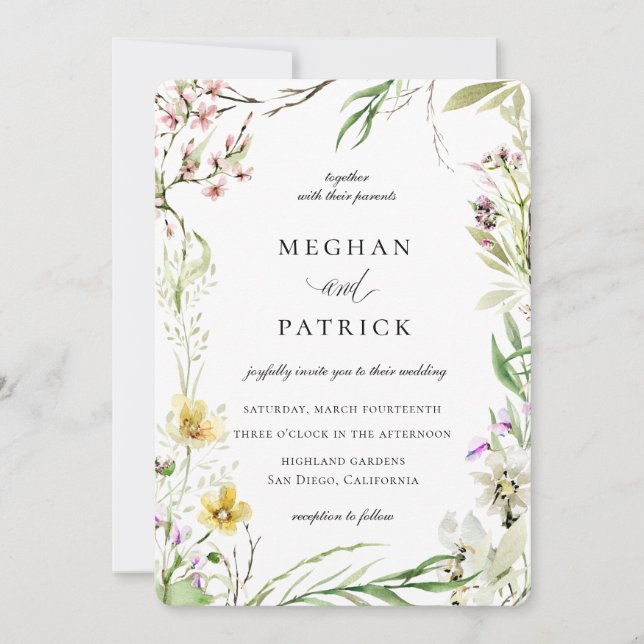 Elegante Wildblume Botanischer Rahmen Hochzeit Einladung (Vorderseite)