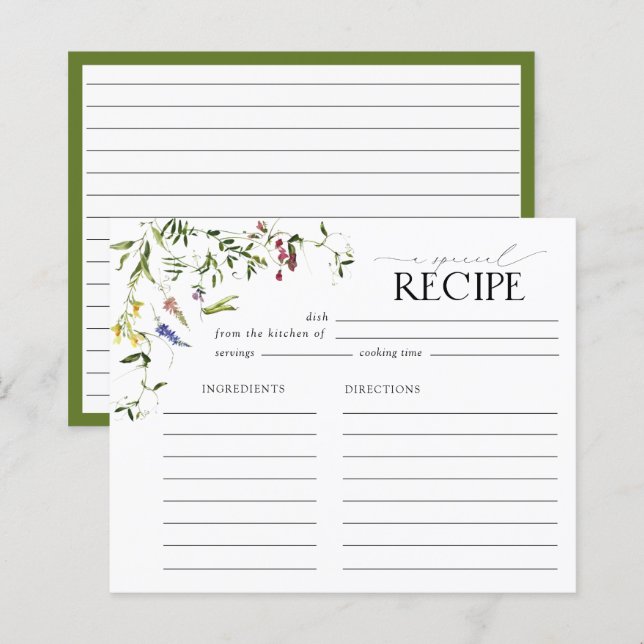 Elegante Wildblume Brautparty Rezept Karte (Vorne/Hinten)