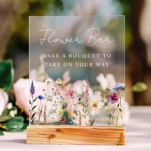 Elegante Wildblume Bridal Dusche Blumenbar Acrylschild (Please note: The wooden stand does not come with the sign. Zazzle sells a wood block stand.)
