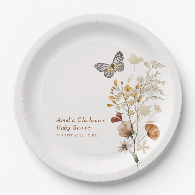 Elegante Wildblume Butterfly Babydusche Pappteller (Vorderseite)