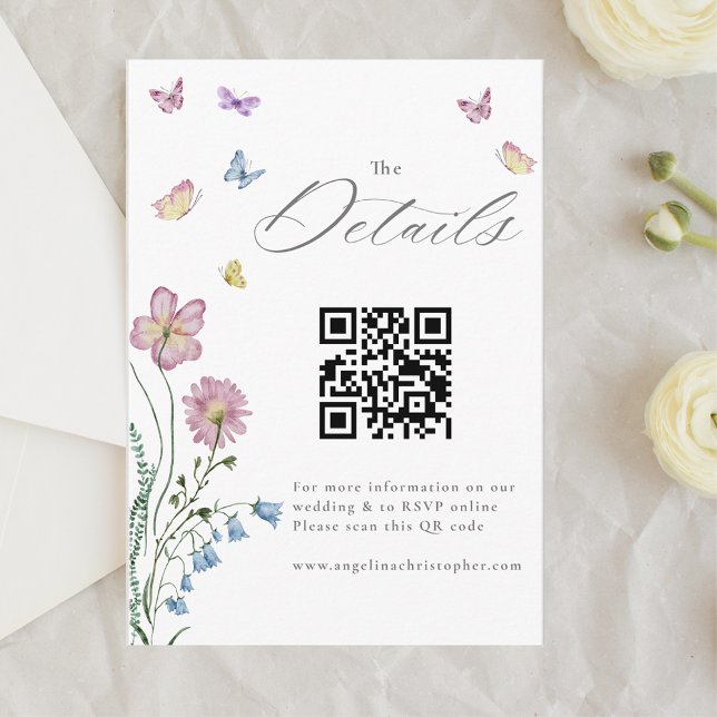 Elegante Wildblume Butterfly Hochzeitdetails Begleitkarte (Von Creator hochgeladen)