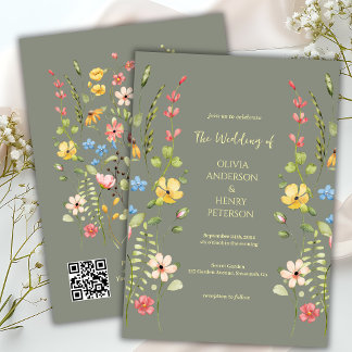 Elegante Wildblume Garden Green QR Code Hochzeit Einladung