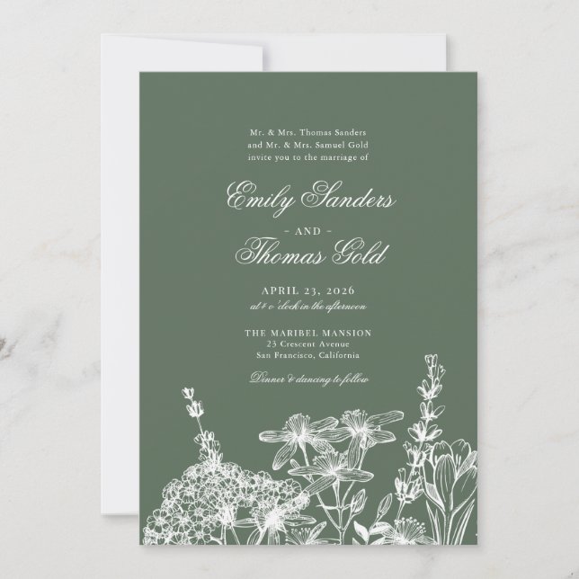 Elegante Wildblume Garden Script Einladung Hochzei (Vorderseite)