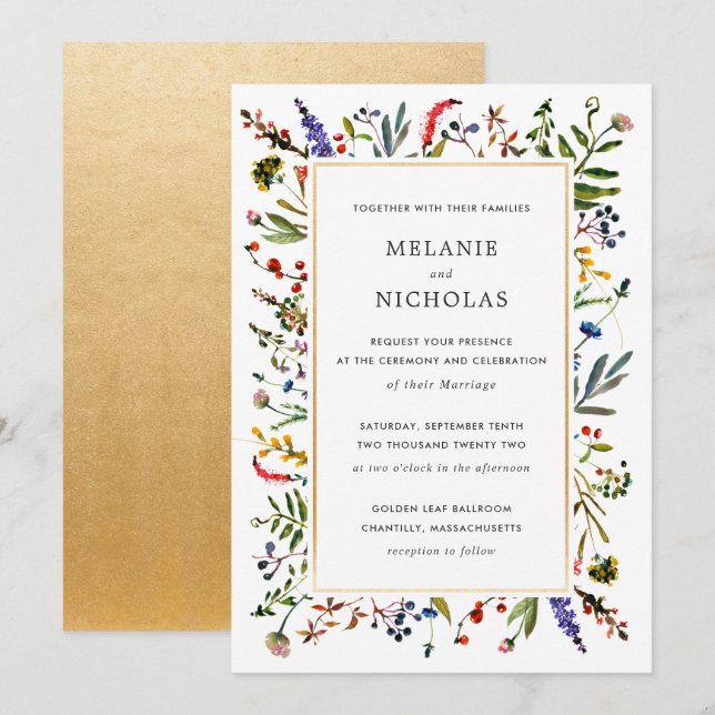 Elegante Wildblume + Goldene Hochzeit Einladung (Vorne/Hinten)