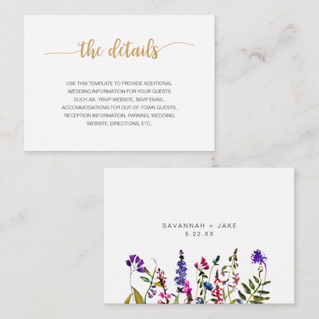 Elegante Wildblume Goldene Hochzeit Infokarte Begleitkarte (Vorne/Hinten)