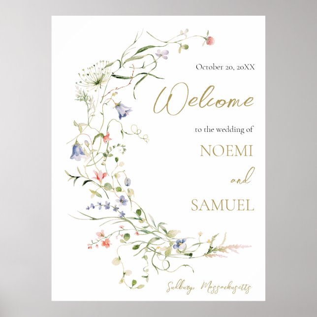 Elegante Wildblume Hochzeit Willkommen Poster (Vorne)