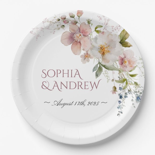 Elegante Wildblume Hochzeitspapier-Teller Pappteller (Vorderseite)