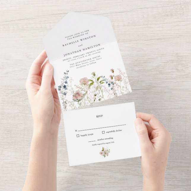 Elegante Wildblume in einer Hochzeit All In One Einladung (Abreißen)