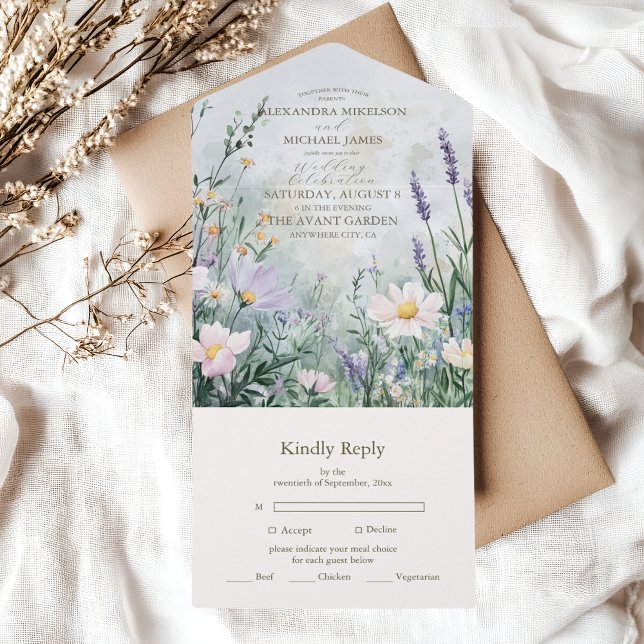 Elegante Wildblume Meadow Blush Pink Wedding All In One Einladung (Von Creator hochgeladen)