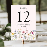 Elegante Wildblume Meadow Blush Pink Wedding Tischnummer<br><div class="desc">Elegante, blumengeschmückte Hochzeitskarten mit Aquarellfarben, Wildblumen und Blattwerk in Rosa, Gelb, lila, Blau und Grün, die sich am unteren Ende des Designs auf einem rot-rosa Hintergrund befinden. Das Design wiederholt sich auf der Rückseite. Die rustikale Wildblume Hochzeitskarte eignet sich ideal für Hochzeiten im Frühjahr und Sommer. Um die Tischkarten zu...</div>
