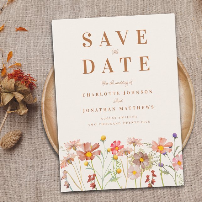 Elegante Wildblume Meadow Wedding Save The Date (Elegant Wildflower fall Wedding save the date invitation with autumn watercolor florals burnt orange)