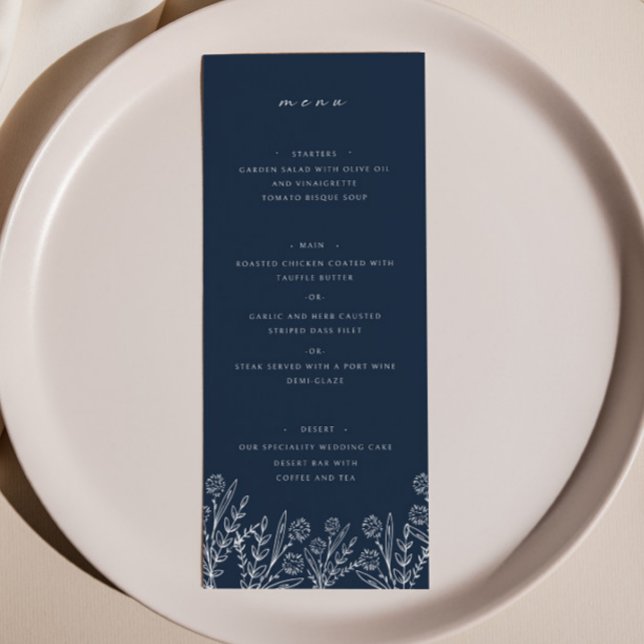 Elegante Wildblume Navy Blue Wedding Dinner Menu Menükarte (Von Creator hochgeladen)