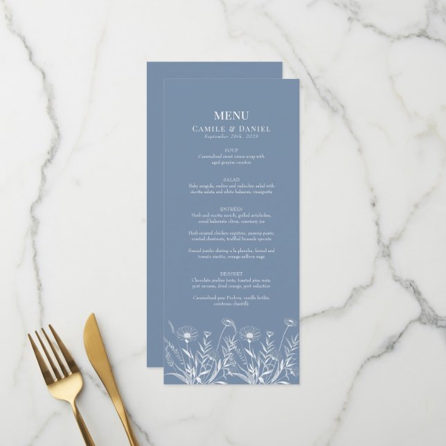 Elegante Wildblume Periwinkle Wedding Menükarte (Vorderseite/Rückseite Beispiel)