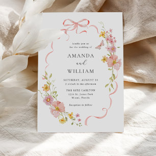 Elegante Wildblume Pink Bow Wedding Einladung