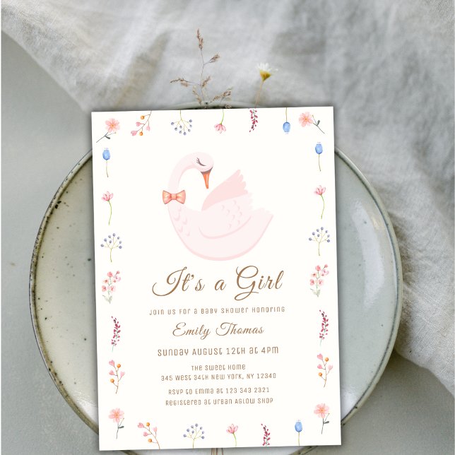 Elegante Wildblume Princess Swan Girl Babydusche Einladung (Elegant Wildflower Princess Swan Girl Baby Shower Invitation)