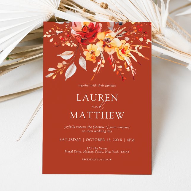 Elegante Wildblume Rostorange Hochzeit im Herbst Einladung (Elegant rustic terracotta floral fall wedding invitation)