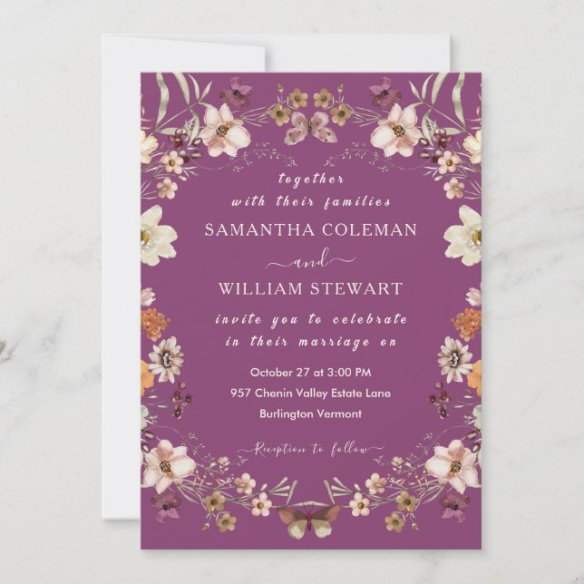 Elegante Wildblume Rustic Berry Lila Wedding Einladung (Vorderseite)