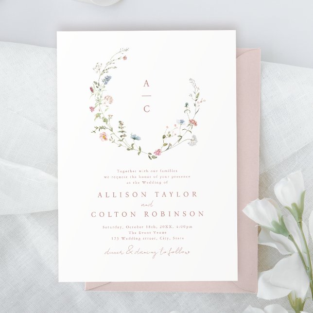 Elegante Wildblume Rustic Boho Wedding Monogramm Einladung (Elegant Wildflower Rustic Boho Wedding monogram Invitation)