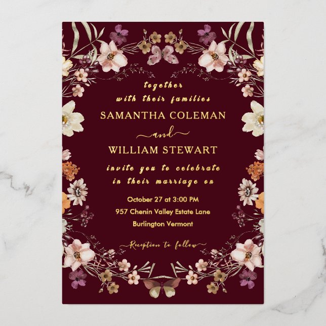 Elegante Wildblume Rustic Burgund Hochzeit Folieneinladung (Vorderseite)