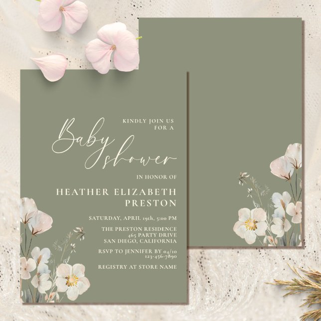 Elegante Wildblume Sage Green Baby Dusche Einladung (Von Creator hochgeladen)