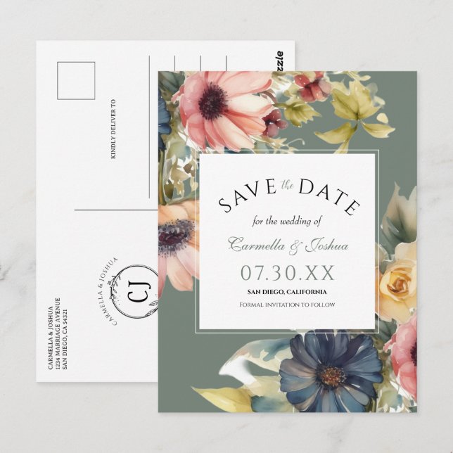 Elegante Wildblume Save the Date Postkarte (Vorne/Hinten)
