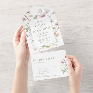 Elegante Wildblume Soft Pastel Botanische Hochzeit All In One Einladung