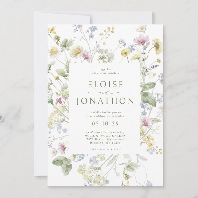 Elegante Wildblume Soft Pastel Botanische Hochzeit Einladung (Vorderseite)