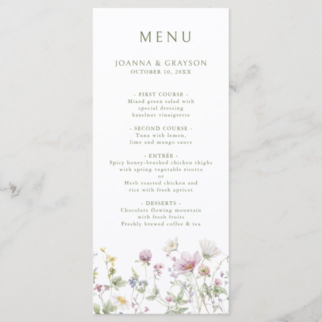 Elegante Wildblume Soft Pastel Botanische Hochzeit Menükarte (Vorderseite)