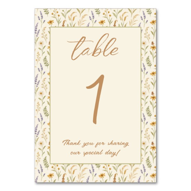 Elegante Wildblume Wasserfarbe Hochzeit Tischnummer (Vorderseite)