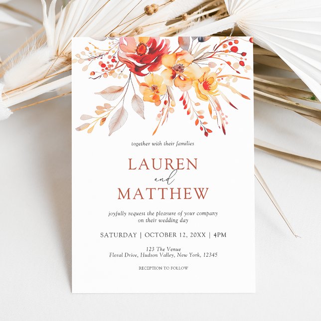 Elegante Wildblume Wasserfarben Hochzeit im Herbst Einladung (Elegant rustic wildflowers in bright hues of rust orange, peach, terracotta & taupe for fall wedding)