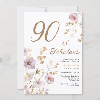 Elegante Wildblume Watercolor 90. Geburtstagsparty Einladung