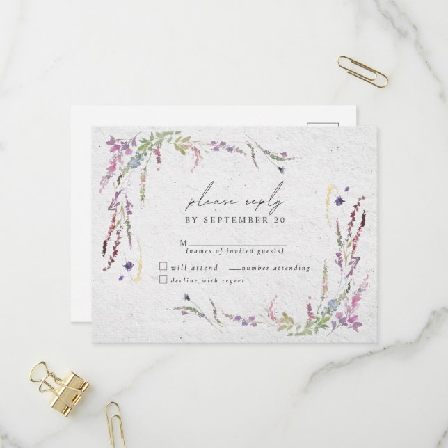 Elegante Wildblume Watercolor Modernes Hochzeitssz Einladungspostkarte (Vorderseite/Rückseite Beispiel)