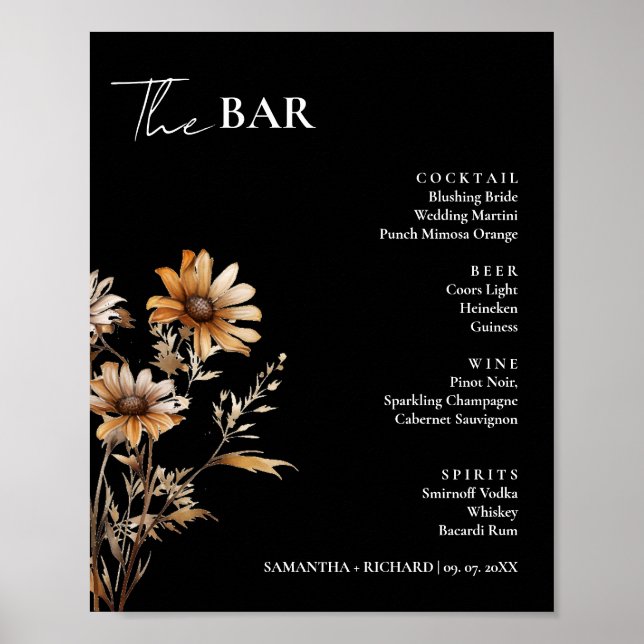 Elegante Wildblume Wedding Drinks Bar Menu Poster (Vorne)