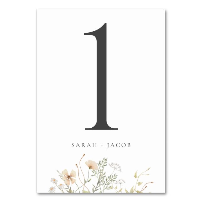 Elegante Wildblume Wedding Tischnummer Cards (Vorderseite)
