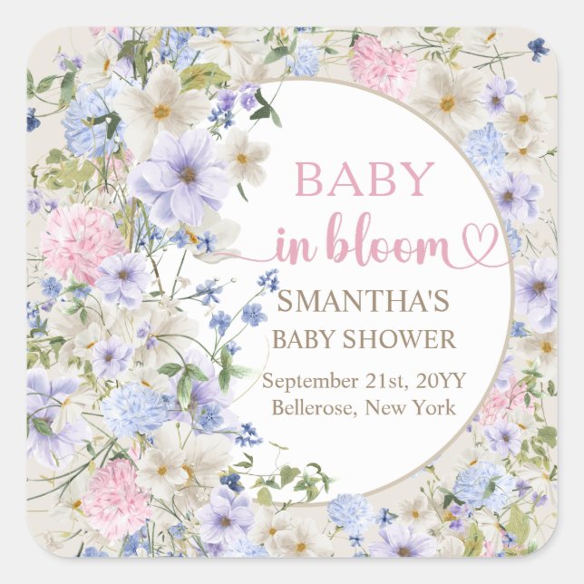 Elegante Wildblume Weiß Rosa Babydusche Quadratischer Aufkleber (Vorderseite)