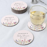 Elegante Wildblume Weiß Rosa Babydusche Runder Pappuntersetzer<br><div class="desc">Elegante,  blumengeschmückte Babyduschpapier-Untersetzer mit einem unteren Rand von Aquarellfarben und Blättern in Rosa,  Gelb,  lila,  Blau und Grün auf einem rosa Hintergrund. Personalisieren Sie die Wildblume Baby Dusche Untersetzer mit dem Namen der Mutter zu sein und das Datum. Die personalisierten Untersetzer der Wildblume sind ideal für Frühjahr- und Sommerduschen.</div>