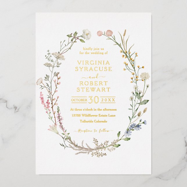 Elegante Wildblume Wreath Royal Simple Wedding Folieneinladung (Vorderseite)