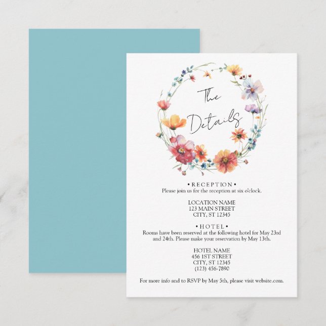 Elegante Wildblume Wreath Sommerhochzeit Details Begleitkarte (Vorne/Hinten)