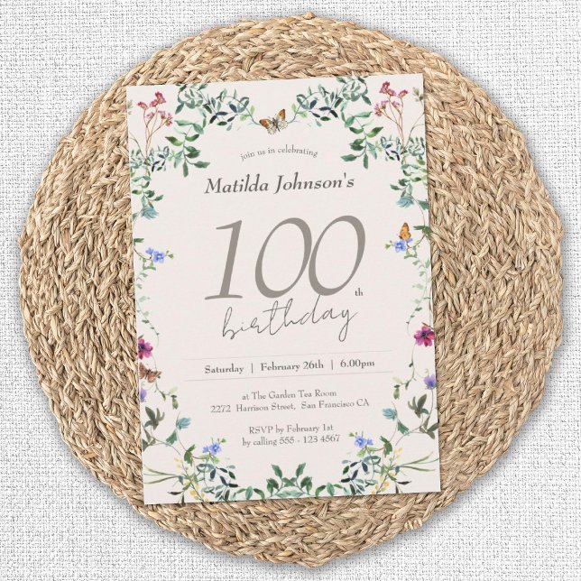 Elegante Wildblumen 100. Geburtstagsparty Einladung (Elegant 100th Birthday Wildflowers Floral Invitation)