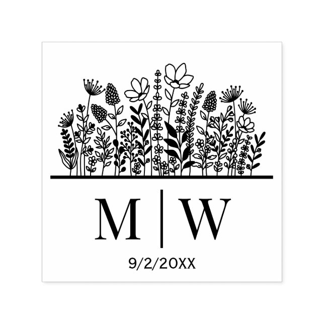 Elegante Wildblumen #2B Hochzeitscouponnamen Datum Permastempel (Design)