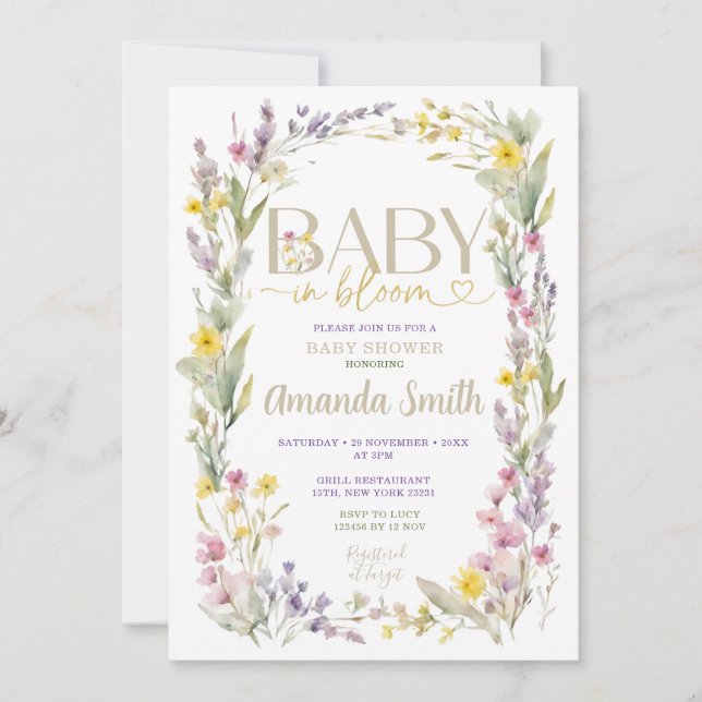 Elegante Wildblumen Babydusche Einladung (Vorderseite)